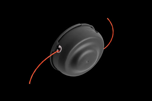 The Husqvarna Trimmer Head ErgoFeed™ (E35B) features a black, round, smooth surface with two red trimmer lines extending from opposite sides. Its curved design includes an enclosed casing that houses the internal components and secures the trimmer lines, making it perfect for brushcutters.