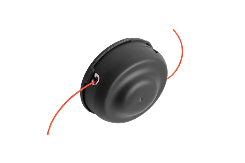 The Husqvarna Trimmer Head ErgoFeed™ (E35B) features a black, round, smooth surface with two red trimmer lines extending from opposite sides. Its curved design includes an enclosed casing that houses the internal components and secures the trimmer lines, making it perfect for brushcutters.