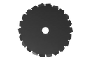 A close-up image of the Husqvarna Saw Blade-Scarlett against a white background. The efficient black blade, branded by Husqvarna, features multiple evenly spaced teeth around its edge, designed for smooth cuts through various materials. A central hole allows for attachment to a saw.