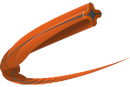 A 3D rendering of the Husqvarna Trimmer Line Whisper Twist, characterized by its aerodynamic, curved orange design and featuring a star-shaped pattern in the middle. The trimmer line is adorned with dark brown stripes on its surface and has a glossy finish. It is depicted against a plain white background.