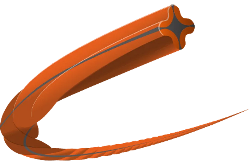 A 3D rendering of the Husqvarna Trimmer Line Whisper Twist, characterized by its aerodynamic, curved orange design and featuring a star-shaped pattern in the middle. The trimmer line is adorned with dark brown stripes on its surface and has a glossy finish. It is depicted against a plain white background.