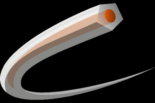 Illustration of a sharpened wooden pencil tip featuring an orange core, with the pencil depicted in a stylized, curved manner and the rest of it out of frame. The background, evoking the precision of Husqvarna Trimmer Line Core Cut from Husqvarna, showcases horizontal gray lines that represent speed or motion.