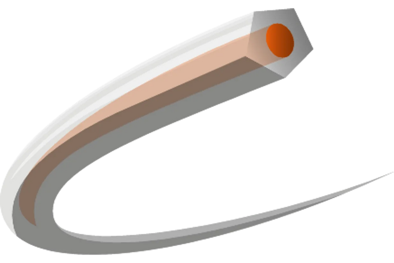 Illustration of a sharpened wooden pencil tip featuring an orange core, with the pencil depicted in a stylized, curved manner and the rest of it out of frame. The background, evoking the precision of Husqvarna Trimmer Line Core Cut from Husqvarna, showcases horizontal gray lines that represent speed or motion.