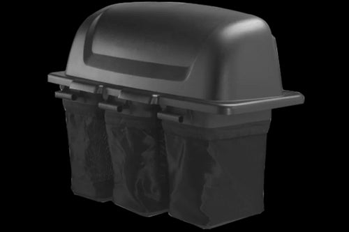 The Husqvarna ZTR® Zero Turn Triple Bin Collection System is a black grass catcher featuring a hard top and three large mesh bags, designed specifically for the Husqvarna ZTR. This efficient system is mounted on a lawn mower to effectively collect grass clippings.