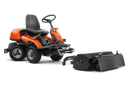 The Husqvarna Flail Mower, designed for the R322TAWD model, is a black, industrial-grade metal attachment with a sleek, angular design. It features two large wheels and a curved shield, making it ideal for AWD models or rough area clearing. The attachment includes bolts and connection points on top for secure mounting, perfect for heavy machinery or vehicles like the Husqvarna Flail Mower.