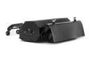 The Husqvarna Flail Mower, designed for the R322TAWD model, is a black, industrial-grade metal attachment with a sleek, angular design. It features two large wheels and a curved shield, making it ideal for AWD models or rough area clearing. The attachment includes bolts and connection points on top for secure mounting, perfect for heavy machinery or vehicles like the Husqvarna Flail Mower.