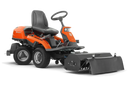 The Husqvarna Flail Mower, designed for the R322TAWD model, is a black, industrial-grade metal attachment with a sleek, angular design. It features two large wheels and a curved shield, making it ideal for AWD models or rough area clearing. The attachment includes bolts and connection points on top for secure mounting, perfect for heavy machinery or vehicles like the Husqvarna Flail Mower.
