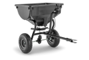 A black Husqvarna Spreader - Small by Husqvarna, featuring a large plastic hopper, sturdy metal frame, and two large wheels. It includes an adjustable handle, hitching mechanism, and control cables for precise operation, designed for spreading materials like fertilizer and seeds or ice melt.