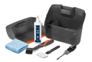 Introducing the Husqvarna Automower Cleaning and Maintenance Kit: This all-inclusive set comes complete with a plastic container, grey dustpan, blue cloth, cleaning spray bottle, handheld brush, small white block, scraper tool, and screwdriver. Perfect for maintaining your Husqvarna automower with ease and keeping it in top condition.