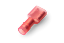 A close-up image of a red Husqvarna Automower® Connector terminal. The terminal, resembling an insulated female disconnect terminal, has a vinyl covering, and its gauge size, "22-16," is visible on the surface. The background is solid black, highlighting the terminal's details.
