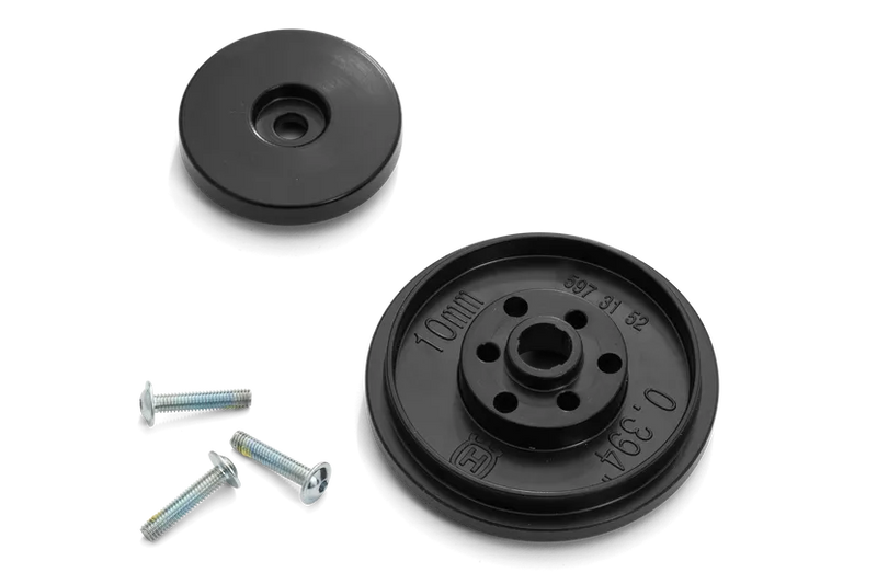 The Husqvarna Automower® Fairway kit by Husqvarna includes a black two-piece plastic mount plate with a countersunk hole, along with three metallic screws, suitable for Automower 430X/450X/550.