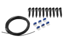 Image shows the Husqvarna Automower® Loop Wire Repair Kit, which includes a set of black plastic stakes, a coil of black cable (loop wire), and multiple blue and white wire connectors arranged on a white background. The stakes are positioned in a row, the coiled cable is on the left, and the connectors are in two rows below the stakes—perfect for any Husqvarna Automower setup.