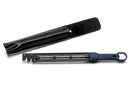 A Husqvarna File Gauge - Clearing Saws, in blue and black with an adjustable mechanism and handle, is positioned next to a black metal rail featuring multiple slots and holes, both set against a white background.