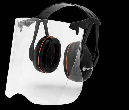 The "Husqvarna Garden Earmuffs with Perspex Visor" are a black and orange set branded by Husqvarna, featuring a clear, full-face perspex visor. The durable, adjustable headband provides ear protection as well as face shielding, making it perfect for trimmer work or other safety uses.