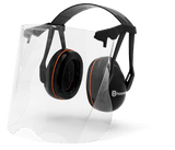 The "Husqvarna Garden Earmuffs with Perspex Visor" are a black and orange set branded by Husqvarna, featuring a clear, full-face perspex visor. The durable, adjustable headband provides ear protection as well as face shielding, making it perfect for trimmer work or other safety uses.