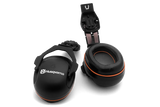 A pair of black Husqvarna H200 and Alveo hearing protectors for helmet mounts, featuring an orange accent. One earmuff is displayed upright showcasing the Husqvarna logo, while the other, equipped with a unique polyurethane insert, is laid horizontally revealing its soft cushioning interior. These lightweight over-ear protectors are designed to provide optimal hearing protection.