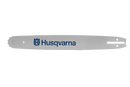 A close-up image of the Husqvarna Guide Bar 14” 3/8” LP .050” 52DL | Mini Bar Mount (A041). The laminated bar is silver, featuring the Husqvarna logo and brand name printed in blue. It includes a slotted groove designed to aid in kickback reduction. The background is black.