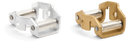 Two identical Husqvarna File Guides are shown side by side. One is silver, while the other is gold. Each guide has two rollers secured within a sturdy, angular frame reminiscent of filing angles used with Husqvarna chains. The objects are placed on a white background.