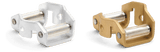 Two identical Husqvarna File Guides are shown side by side. One is silver, while the other is gold. Each guide has two rollers secured within a sturdy, angular frame reminiscent of filing angles used with Husqvarna chains. The objects are placed on a white background.
