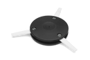 Introducing the Husqvarna Tri-Cut Trimmer Head M12 L, a black, circular robotic vacuum cleaner brush attachment by Husqvarna. Featuring three white bristles extending outward at equal intervals and modeled after the efficiency of brushcutters, this rotating accessory effectively sweeps debris into the vacuum cleaner to enhance cleaning performance.
