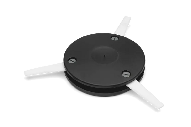 A close-up image of the Husqvarna Tri-Cut Trimmer Head (M10) L, showcasing a black plastic base with three white, flat, retractable extending arms evenly spaced around it. The base features three screw holes for mounting. This component, reminiscent of parts used in brushcutters, appears to be designed for mechanical or robotic devices.