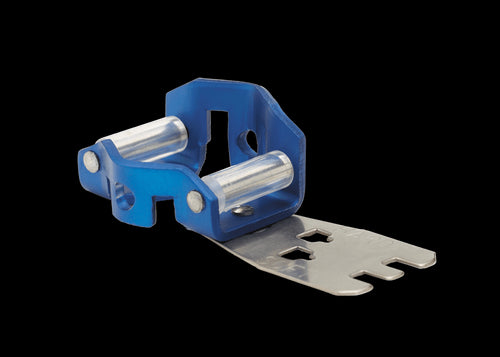 A small, blue and metallic Husqvarna Combination File Guide and Depth Gauge with cylindrical rollers. The metal piece features a flat, irregularly shaped extension with cutouts, indicating its use as a mechanical or mounting device possibly for a chain filing kit. The Husqvarna device rests on a white surface with a slight shadow underneath.