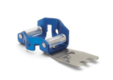 A small, blue and metallic Husqvarna Combination File Guide and Depth Gauge with cylindrical rollers. The metal piece features a flat, irregularly shaped extension with cutouts, indicating its use as a mechanical or mounting device possibly for a chain filing kit. The Husqvarna device rests on a white surface with a slight shadow underneath.