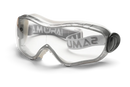 A pair of clear safety goggles with a gray and white adjustable strap featuring the brand name "Husqvarna." The Husqvarna Pro Safety Goggles have a modern design with a single, wide anti-fog lens offering full eye protection and are certified EN 166.