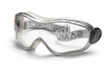 A pair of clear safety goggles with a gray and white adjustable strap featuring the brand name "Husqvarna." The Husqvarna Pro Safety Goggles have a modern design with a single, wide anti-fog lens offering full eye protection and are certified EN 166.