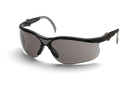 A pair of Husqvarna Safety Glasses in black, featuring yellow, scratch-resistant lenses. The frame has a sleek design with slightly curved arms and integrated nose pads for comfort, functioning perfectly as stylish protective glasses by Husqvarna.