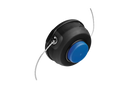 A Husqvarna Trimmer Head T25B (M10) Tap-n-Go™ - 500 series in black and blue, with two protruding trimming lines, sits against a plain white background. The cylindrical shape, featuring a rounded blue top, is designed for attachment to battery trimmers and utilizes the Tap-n-Go mechanism to cut grass and weeds seamlessly.