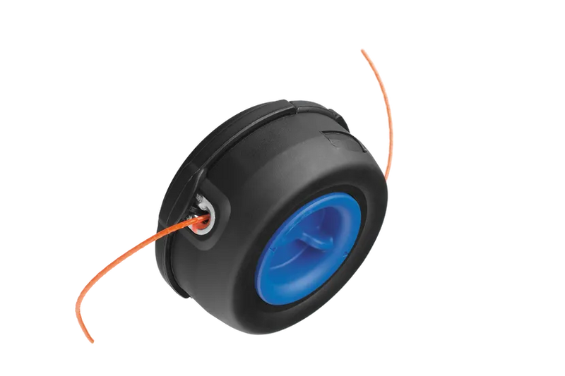 The Husqvarna Trimmer Head S35 (M10) features a black casing with a blue center. Two pieces of orange trimmer line extend from opposite sides of the head. This trimmer head is designed for attachment to Husqvarna brushcutters or weed trimmers, making it perfect for cutting vegetation with its manual cord feed system.