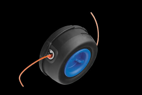 An image of the Husqvarna Trimmer head S35 (M12) in black and blue, featuring an orange trimming line extending from both sides. This trimmer head, crafted by Husqvarna and compatible with brushcutters, incorporates a manual cord feed system for efficient cutting of grass and weeds. The white background accentuates the device perfectly.