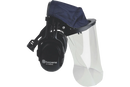 Introducing the Husqvarna Premium Earmuffs with Plexi Visor, a black protective face shield integrated with premium earmuffs designed for optimal safety. The transparent Plexi Visor fully covers the entire face, and the earmuffs include red accents and padding to ensure superior comfort.