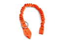 The Husqvarna Chainsaw Strop, an orange elasticized dog collar with an adjustable buckle and a metal D-ring for leash attachment, mimics the design of a harness belt and features a stylish ruched pattern.
