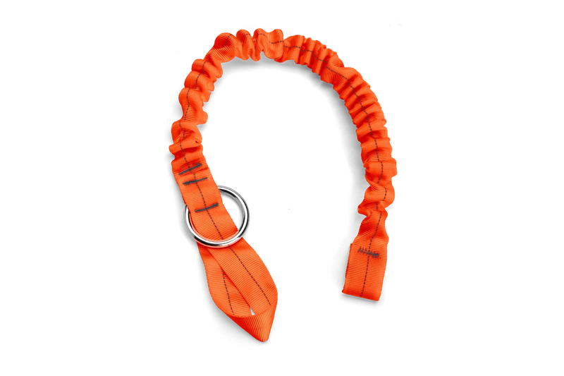 The Husqvarna Chainsaw Strop, an orange elasticized dog collar with an adjustable buckle and a metal D-ring for leash attachment, mimics the design of a harness belt and features a stylish ruched pattern.