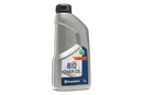 A 1-liter gray plastic bottle of Husqvarna X-GUARD Bio Chain Oil with a black cap. The front label displays the Husqvarna brand logo, "BIO CHAIN OIL," and the text "X-GUARD," emphasizing its use of renewable materials and compliance with EU Ecolabel standards.