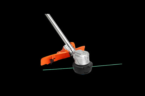 An image of a Husqvarna Trimmer head T25B (M8) Tap-n-Go™ - 100 series with an orange guard. The metallic and black trimmer head features green trimmer lines and is equipped with the Tap-n-Go™ system for easy line advancement. Attached to a silver shaft, this battery-powered tool from Husqvarna is set against a plain white background.