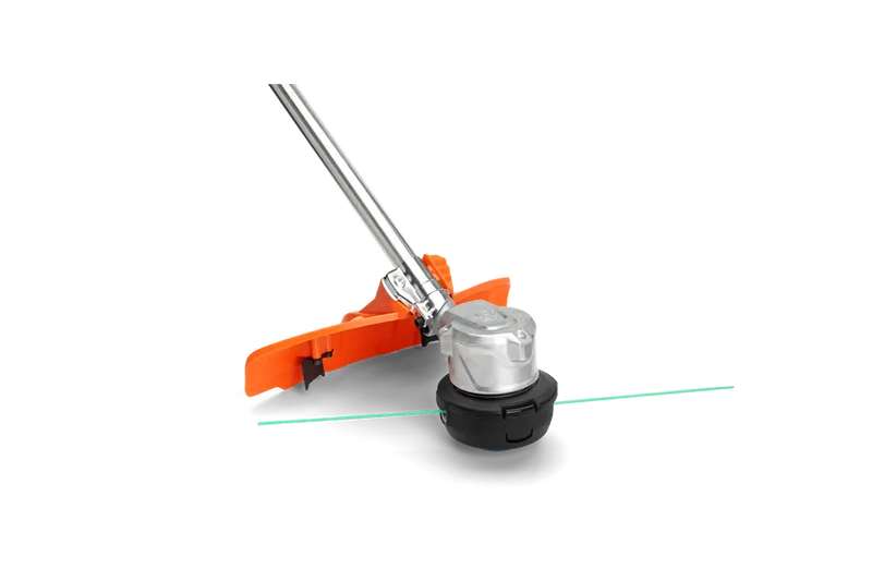 An image of a Husqvarna Trimmer head T25B (M8) Tap-n-Go™ - 100 series with an orange guard. The metallic and black trimmer head features green trimmer lines and is equipped with the Tap-n-Go™ system for easy line advancement. Attached to a silver shaft, this battery-powered tool from Husqvarna is set against a plain white background.