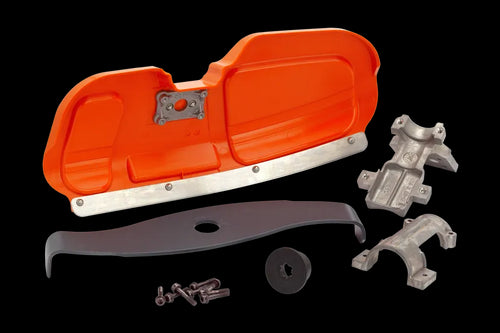 A collection of industrial metal parts, including orange and black components, small metal brackets, and various metallic pieces organized on a white background. This assortment features the Husqvarna Shredder Blade Kit from Husqvarna, with the components varying in size and shape. Some parts appear to be covers or protective elements for brushcutters.