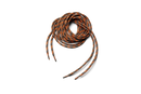 A coiled pair of Husqvarna Boot Laces by Husqvarna, perfect for leather boots, neatly arranged on a black background. The laces exhibit a braided pattern, and two loose ends extend from the coil.