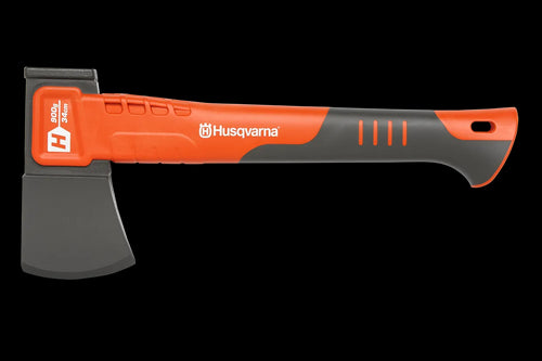 Introducing the Husqvarna Universal Hatchet - H900, a small hatchet perfect for garden work. The axe head features a robust, black design with an ergonomic handle in black and bright orange, complete with the Husqvarna logo printed in white. This hatchet is ideal for chopping firewood efficiently.