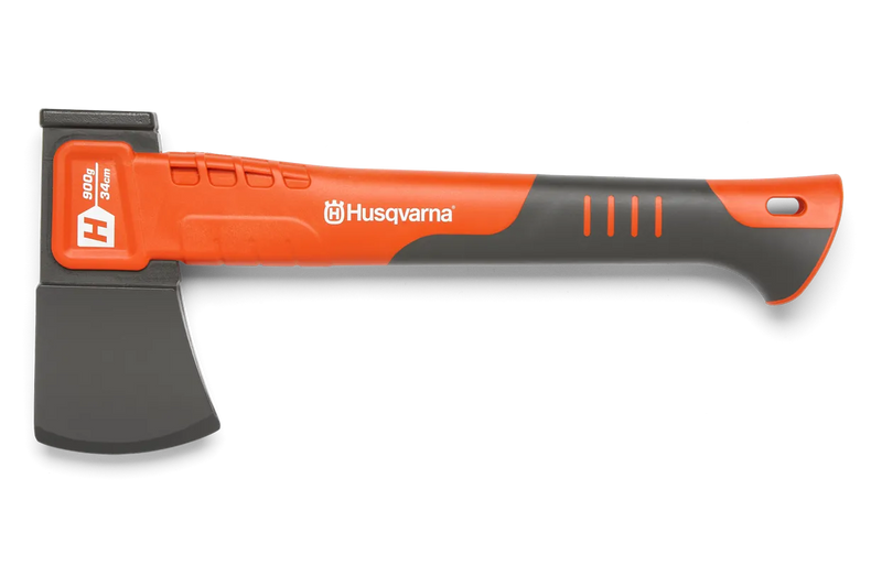 Introducing the Husqvarna Universal Hatchet - H900, a small hatchet perfect for garden work. The axe head features a robust, black design with an ergonomic handle in black and bright orange, complete with the Husqvarna logo printed in white. This hatchet is ideal for chopping firewood efficiently.