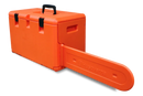 The Husqvarna Chainsaw Carry Case is an orange case with a handle on top and three black latches. It accommodates the chainsaw's guide bar, which extends out from the right side of the closed case, boasting the Husqvarna logo. This stackable design is compatible with the 572XP model.