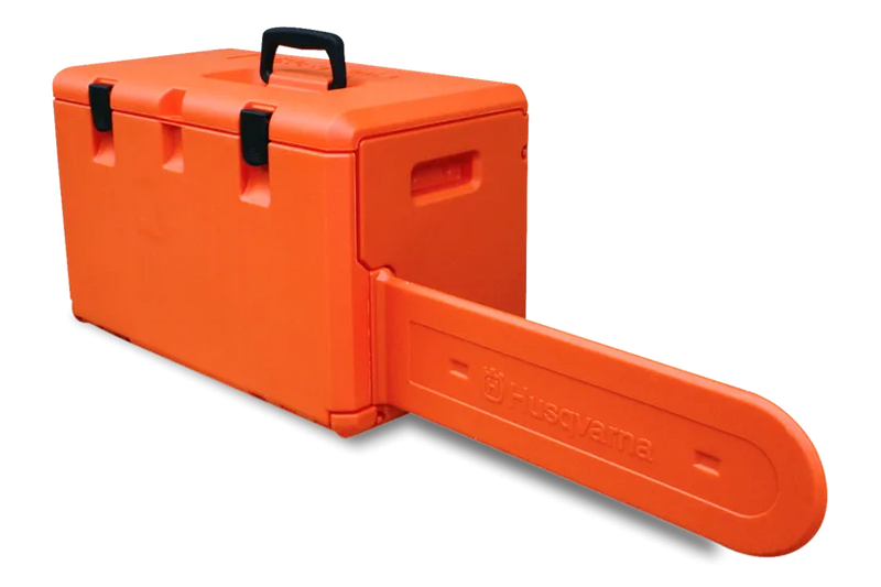 The Husqvarna Chainsaw Carry Case is an orange case with a handle on top and three black latches. It accommodates the chainsaw's guide bar, which extends out from the right side of the closed case, boasting the Husqvarna logo. This stackable design is compatible with the 572XP model.