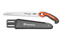 A Husqvarna Fixed Straight Handsaw - 300 ST featuring an orange and black ergonomic handle is positioned above a black protective sheath adorned with the Husqvarna logo. The toothed blade, designed for high sawing performance and extended durability, is perfect for cutting wood and displays the brand name prominently.