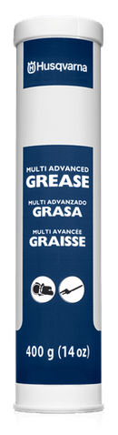 A vertical cylindrical tube, featuring a white and blue design, is labeled with "Husqvarna Multi Advanced Grease" in English, Spanish, and French. This premium grease container from Husqvarna holds 400 grams (14 ounces) of top-tier lubrication. The label also includes small illustrations that indicate its various applications.