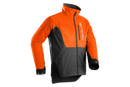 The Husqvarna Classic Forest Jacket, in a vibrant orange and black color scheme, features long sleeves, a high collar, and a front zipper. Perfect for outdoor tasks such as chopping firewood, it has the brand logo and "Husqvarna" printed on the chest. This sleek design also provides high-visibility workwear functionality.