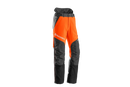 Introducing the Husqvarna Technical Waist Trousers in striking orange and black, ideal for forest work. These trousers boast a durable construction with reinforced black patches on the knees and lower legs, stretch fabric for ease of movement, adjustable waist straps, and feature the Husqvarna logo on the right thigh.