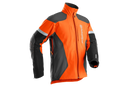 The Husqvarna Technical Forest Jacket is an orange and black outdoor jacket with a high collar and multiple panels. Made from four-way stretch polyester, it features a prominent white Husqvarna logo on the right chest and arm. The jacket includes ventilation openings and reflective strips for added visibility, making it sleek, functional, and ideal for forestry work.